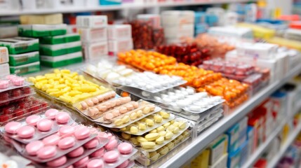 Pharmaceutical retail display with various medicine boxes and blister packs in colorful organized shelf layout