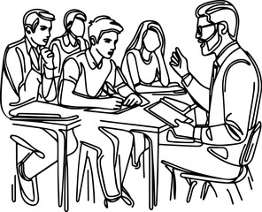 Group of students engaged in discussion with teacher at classroom  