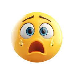 Fototapeta premium Crying Emoji Shows Sadness. Cartoon emoticon conveys sorrow, distress, grief. Use for social media, web design, emotion-related content. On black background.