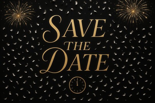 "Save the Date" card with elegant gold lettering, fireworks, and confetti on a black background, featuring a clock showing midnight, perfect for festive occasions or announcements.