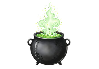 Bubbling witch's cauldron overflows with magical green potion and swirling mist, perfect for Halloween or fantasy themes.