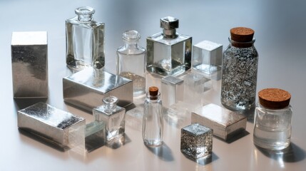 Glass cosmetic jars and containers with reflective mirror surface arranged in modern clean minimalist skincare branding