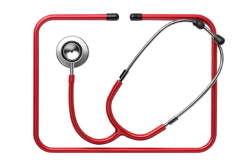 A stethoscope with red tubing and a shiny silver-colored frame for the ear tubes. To its right, there is a red, rectangular border, resembling a picture frame or a border for text, also with a shiny.