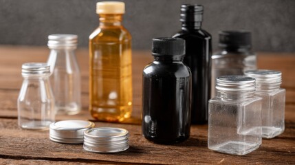 Assorted vintage and modern cosmetic glass bottles on wooden table for apothecary inspired product beauty display concept