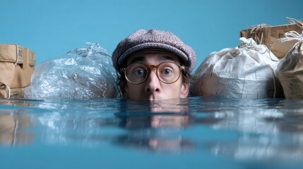Man submerged in water surrounded by plastic trash symbolizing pollution environmental crisis and surreal awareness concept