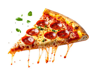 Melty pepperoni pizza slice with cheese trail suspended in air isolated on transparent background PNG