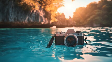 Camera floating on water surface at sunset for travel adventure and creative photography tropical inspiration concept