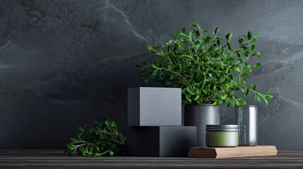 Dark stone background with green potted plants and elegant black packaging boxes for product display natural style scene