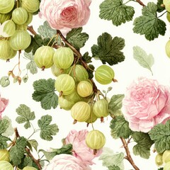 Gooseberry floral watercolor seamless pattern. Floral pattern featuring green gooseberries and pink roses on a light background.