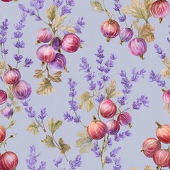 Gooseberry floral watercolor seamless pattern. Floral pattern featuring colorful fruits and lavender on a soft background.