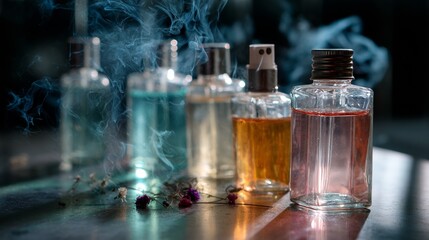 Perfume bottles emitting smoke and mist on dark table surface with mystery beauty and luxury scent atmosphere