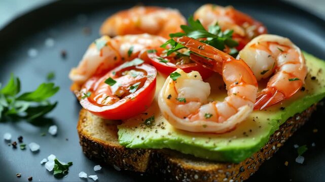 Open sandwich with shrimp, sliced avocado, and cherry tomatoes on seeded bread, garnished with herbs and pepper. Fresh and savory food.