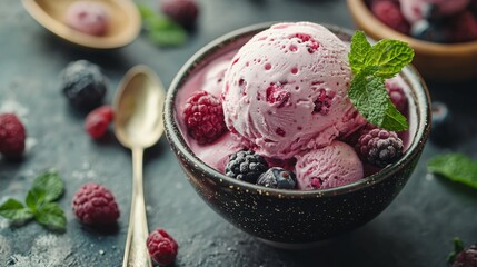 Bowl of raspberry ice cream with mint garnish and berries on rustic table for summer dessert concept inspiration