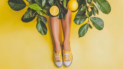 Creative top view of lemons and female legs forming visual fruit dress concept for citrus freshness advertising inspiration