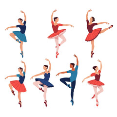 Adobe illustrator artwork vector illustration of seven ballerinas in colorful tutus performing graceful ballet poses, ideal for dance-themed designs, education, and artistic projects. © Amie