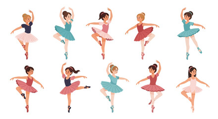 Adobe illustrator artwork vector illustration of diverse ballerinas in colorful tutus performing graceful poses, ideal for dance education, cultural themes, and creative design projects.