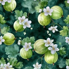 Gooseberry floral watercolor seamless pattern. Colorful pattern featuring green gooseberries and white flowers on a dark green background.