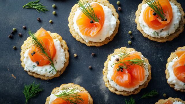 Mini canapes topped with smoked salmon, creamy cheese, dill and pepper on crisp toasted rounds, arranged on dark background. Gourmet appetizer. Food concept.