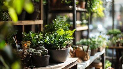 Indoor greenhouse shelf with potted plants under sunlight for home gardening lifestyle and botanical interior decor inspiration
