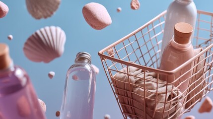 Pink and purple skincare packaging floating with bubbles and cart for surreal beauty product shopping creative concept