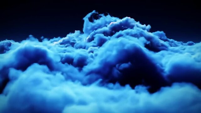 Cinematic photorealistic blue clouds drift and pulse with inner light against a dark void