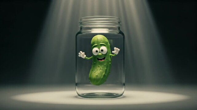 A cartoon pickle character is trapped inside a glass jar, illuminated by spotlights.