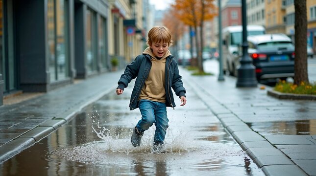 Young boy jumping in puddle on city street during autumn rain  