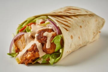 Chicken wrap with lettuce tomato onion and sauce tortilla