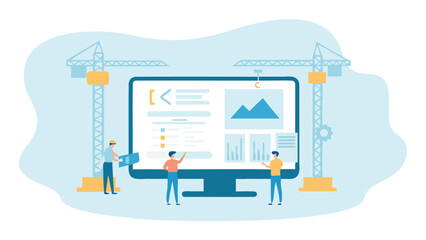 website development with workers and cranes around a large monitor screen