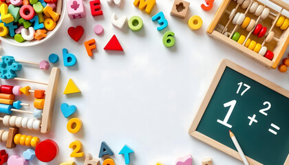 Flat Lay of Colorful Educational Toys and Learning Materials on White Table – Numbers, Letters, Shapes, and Math for Preschool and Kindergarten Activities