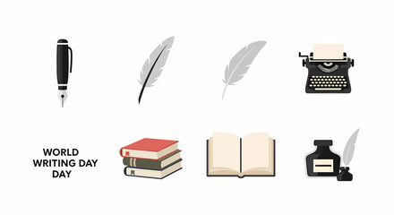 Flat icons representing writing tools and materials for World Writing Day.