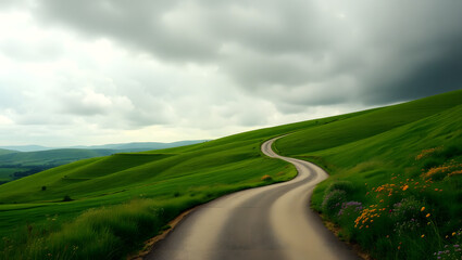 Fototapeta premium Serene Countryside Road Through Rolling Green Hills with Wildflowers and Dramatic Sky – Nostalgic Filmic Landscape Photography