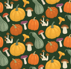 Seamless background with edible mushrooms and pumpkins on a dark green backdrop. Cute autumn pattern with seasonal vegetables