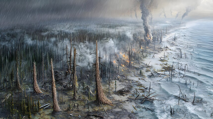 Coastal forest devastated by fire and storm.  Smoke billows from burning trees along a shoreline.  Gray skies and heavy rain.  Damaged, lifeless trees stand amidst the destruction