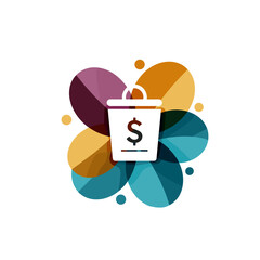 Isolated colorful image of money bag surrounded by abstract shapes on white background symbolizing Black Friday.