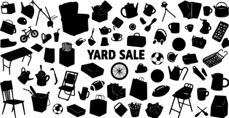 Yard sale vector silhouette banner with assorted household and sport items. vector set
