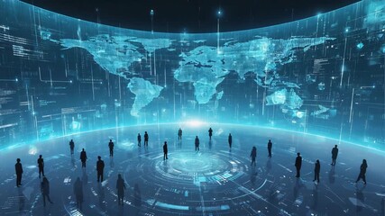 Diverse global team collaborates in futuristic digital command center visualizing world data and connections with bright innovation. - Powered by Adobe