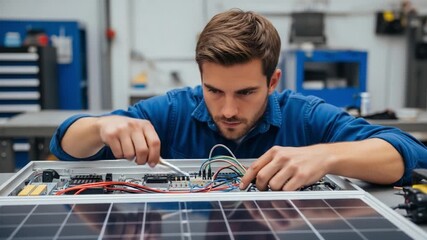 A focused technician skillfully wires electrical components, meticulously assembling circuitry within a solar energy system, showcasing expertise in renewable energy technology. - Powered by Adobe