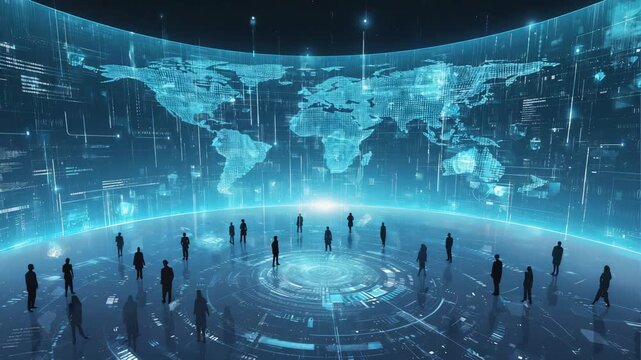 Diverse global team collaborates in futuristic digital command center visualizing world data and connections with bright innovation. - Powered by Adobe