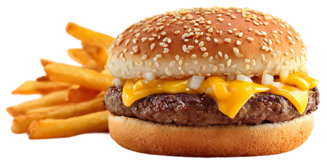 A delicious cheeseburger with melted cheese and diced onions served with a side of crispy french fries isolated on transparent background