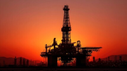 Obraz premium Oil rig silhouette sunset landscape