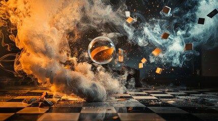 Surreal floating objects and explosion in smoky scene for artistic conceptual dramatic dream fantasy creative photography backgrounds