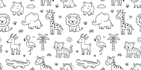 African animals doodle icon seamless pattern. Cute hand drawn sketch illustrations of giraffe, lion, elephant, zebra, flamingo, crocodile. Black and white cartoon art for safari wildlife.