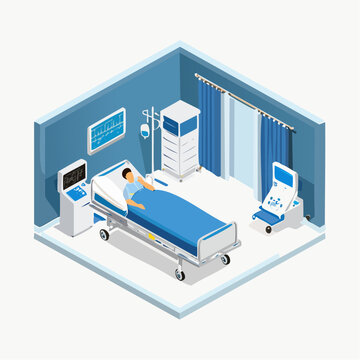 Isometric illustration of a hospital room featuring a patient in bed, medical equipment, IV drip, and blue color scheme.