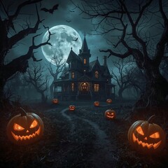 Haunted House with Jack-o'-lanterns on Halloween Night