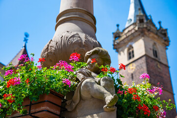 Beautiful half timbered houses and shops in the streets of Obernai in Alsace, France