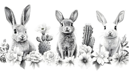 Three adorable bunnies in a grayscale floral desert scene