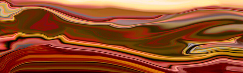 Fluid abstract artwork with wavy horizontal lines in red, brown, yellow, and gold tones, resembling natural marble or agate stone patterns.


