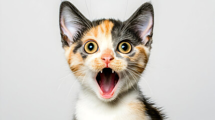 Obraz premium Adorable kitten with wide-open mouth, expressing surprise or excitement. Bright eyes and vibrant multi-colored fur against a plain background