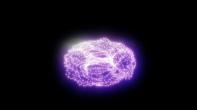 Purple digital spiral with glowing nodes and an asymmetrical ring structure, floating in a dark void like a futuristic signal vortex